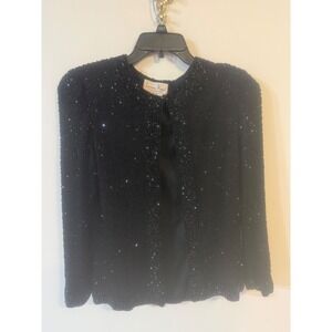 Laurence Kazar Vintage Beaded Jacket Black Sequin Evening Blazer S FEW MISSING